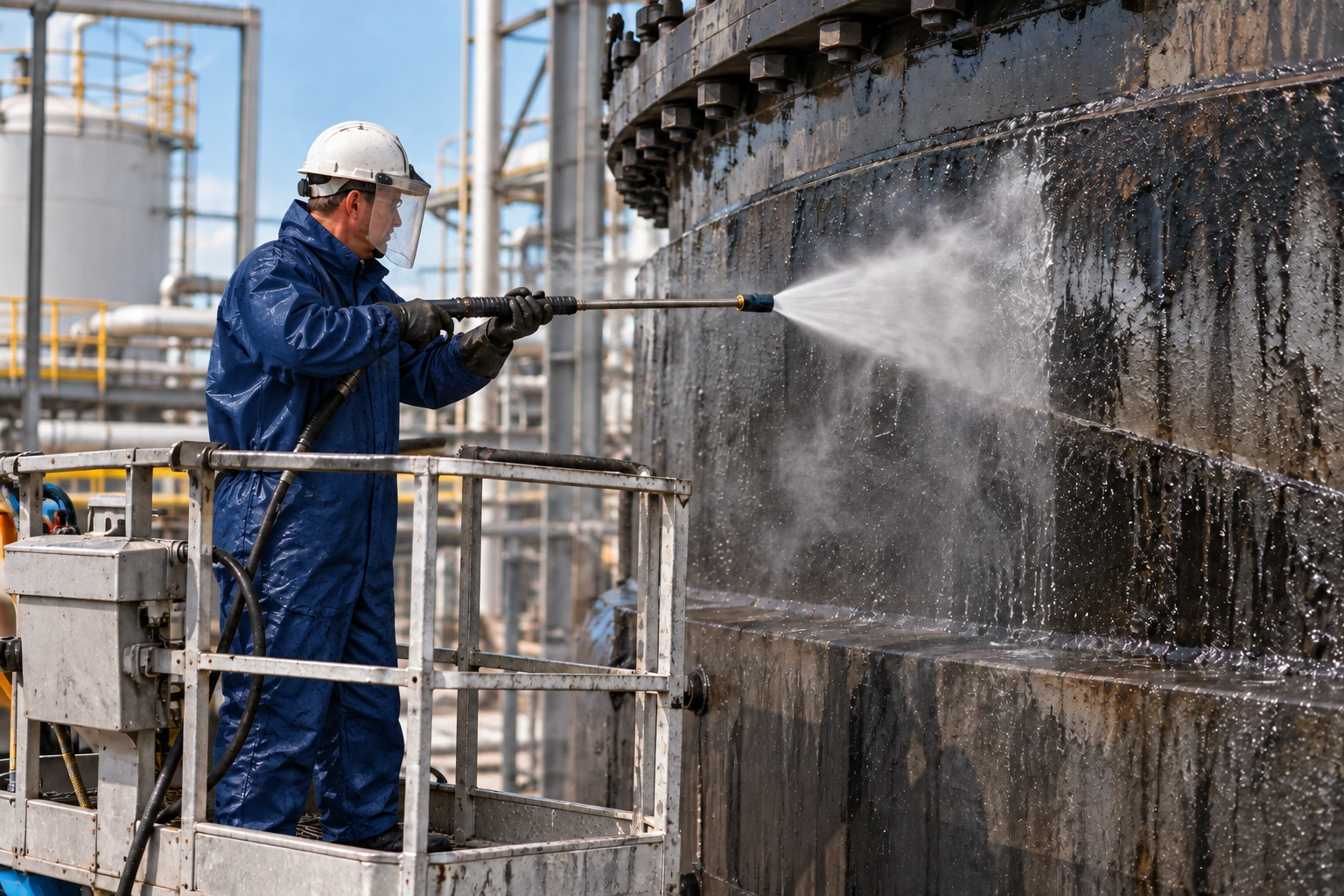 Illustration of a worker pressure-washing large industrial equipment