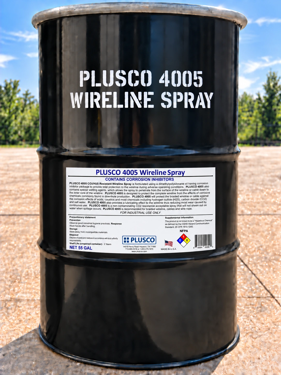 AI-generated 55-gallon drum mockup for PLUSCO 4005 Wireline Spray