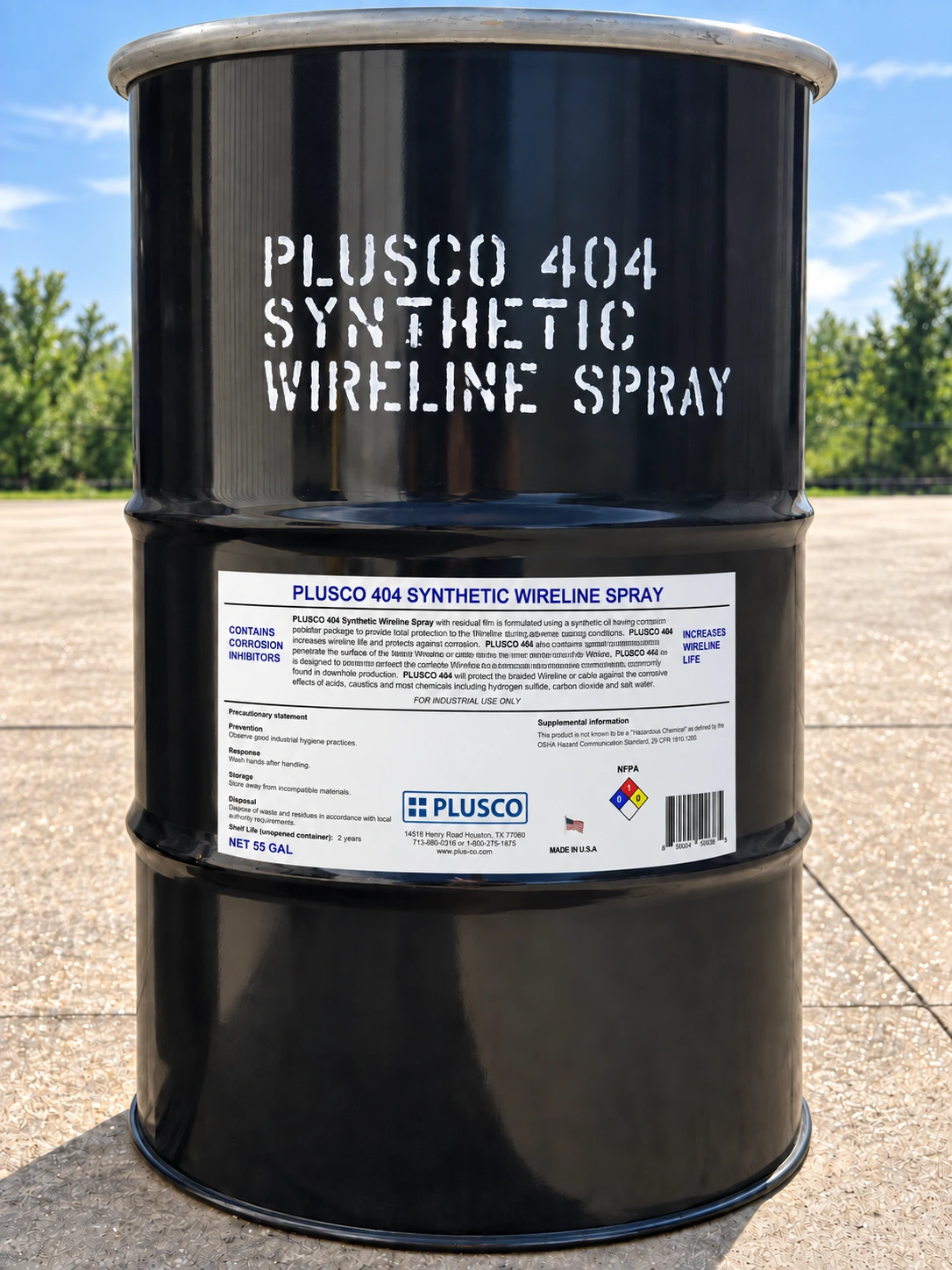 AI-generated 55-gallon drum mockup for PLUSCO 404 Synthetic Wireline Spray